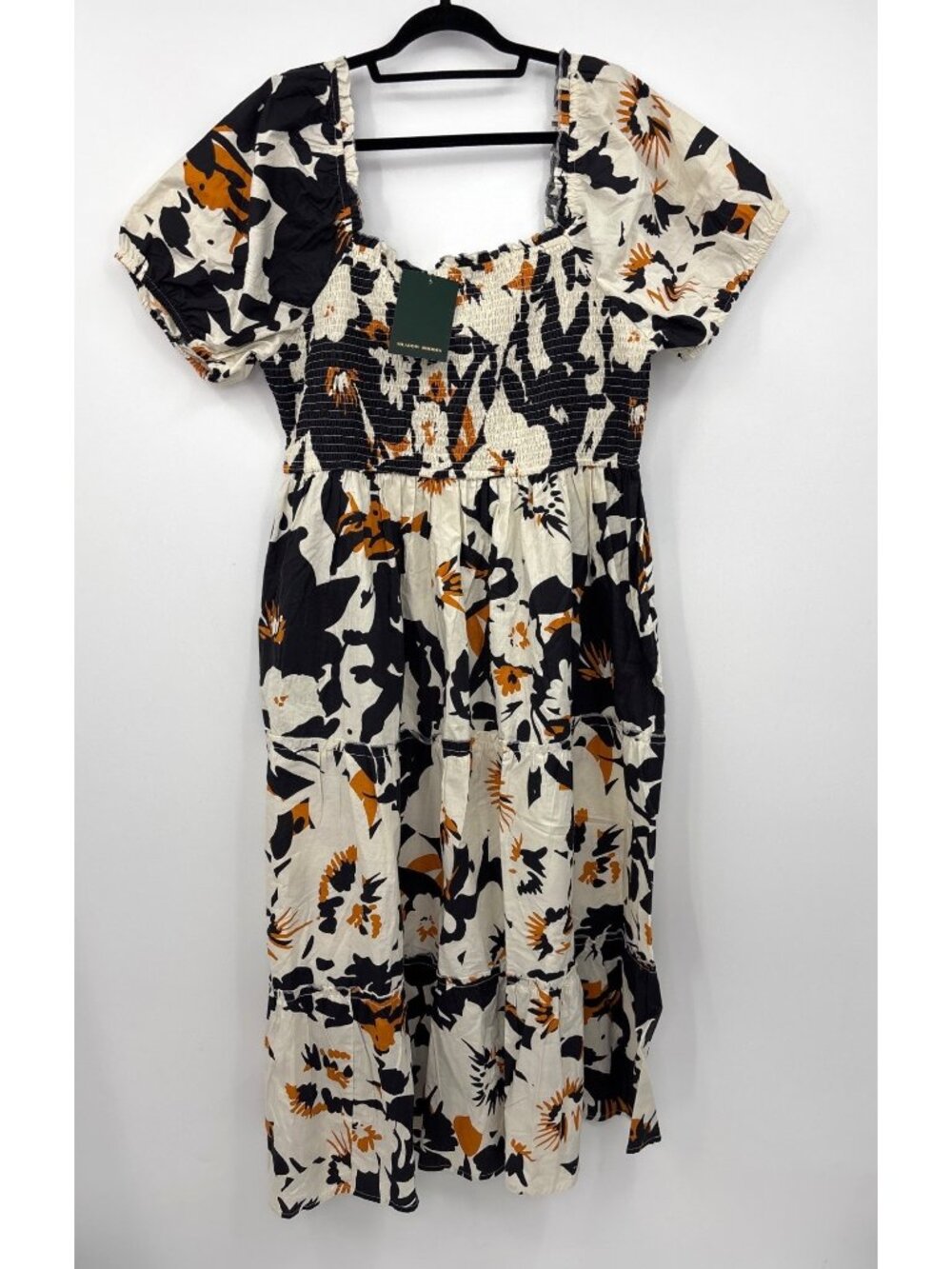 Meadow & Rhodes Puff Sleeve Teared Midi Dress Cotton Black Cream Size 3X NEW
